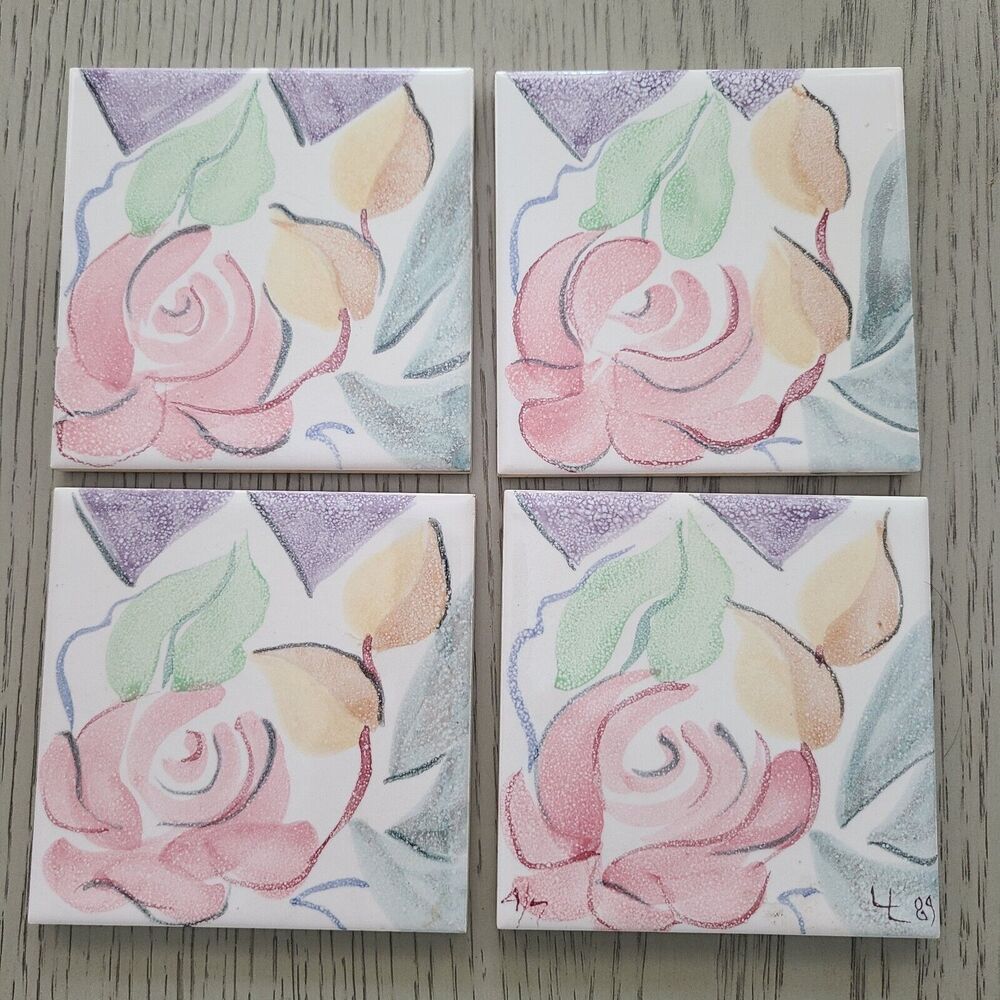 Set (4) Vintage H & R Johnson Roses Decorative Ceramic Tile Trivets England New